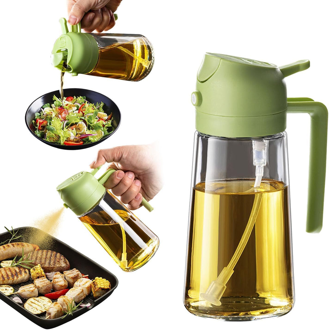 Olive Oil Dispenser Oil Spray Bottle 2 in 1 for Cooking, 15.5oz/470ml Premium Glass Oil Bottle for Kitchen, Cooking, Air Fryer, Salad Roasting, Baking, BBQ, Multicolor (Green)