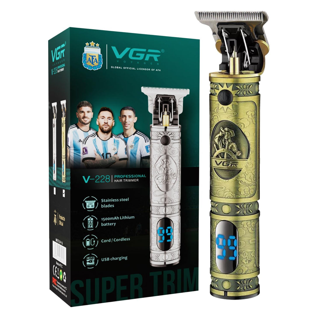 VGR V-228 Professional Hair Clipper with LED display Runtime: 180 min Trimmer for Men, Gold