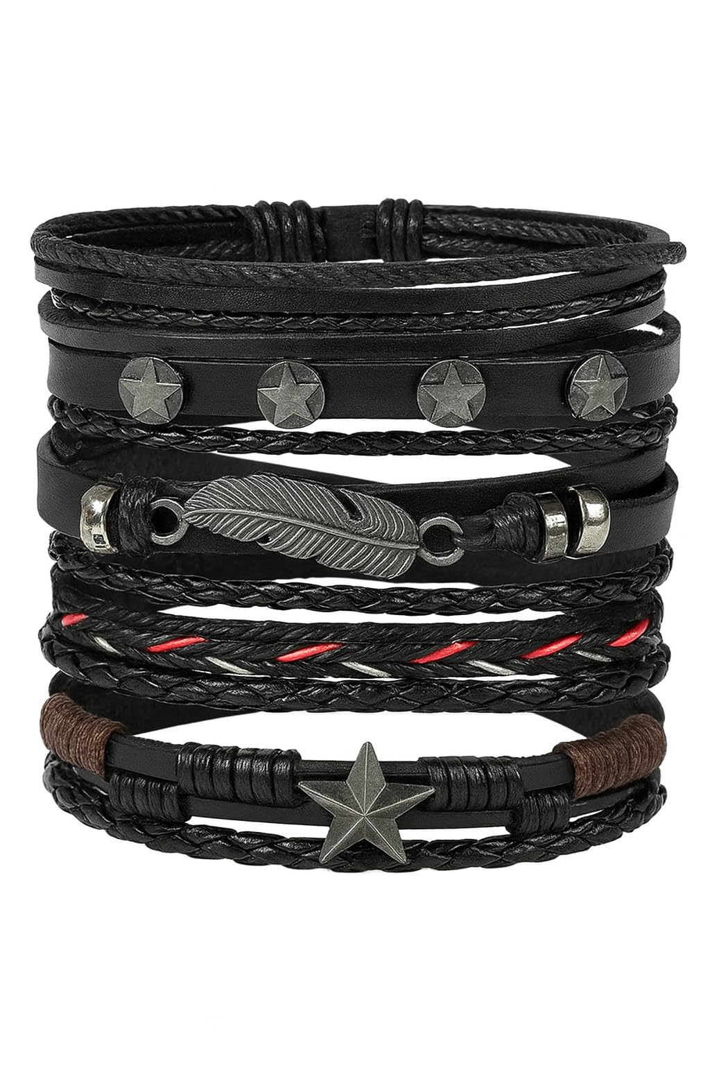 AmazingEGP Multi-Layer Leather Bracelet Set, 23 cm, Black, Star and Feather Charms, Handmade Braided Design