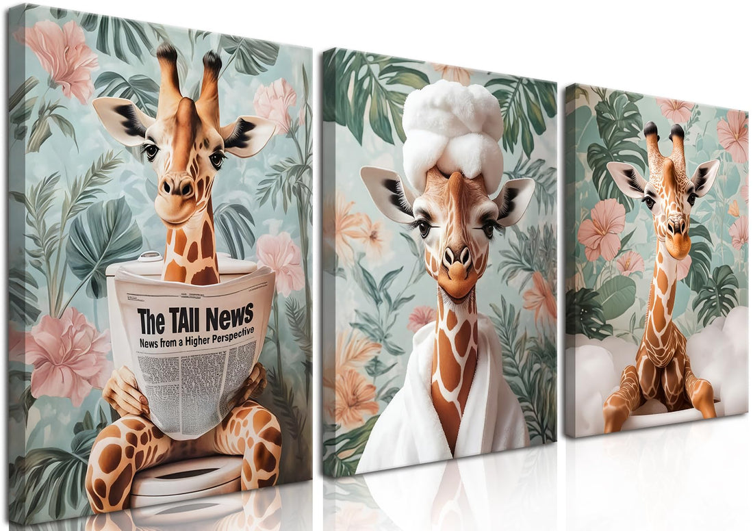Funny Animal Bathroom Wall Art Set of 3, Cute Giraffe Reading Newspaper Wall Decor Paintings, Eclectic Botanical Bathrobe Canvas Prints Artwork Picture for Toilet Bathroom 12x16 Inch Framed