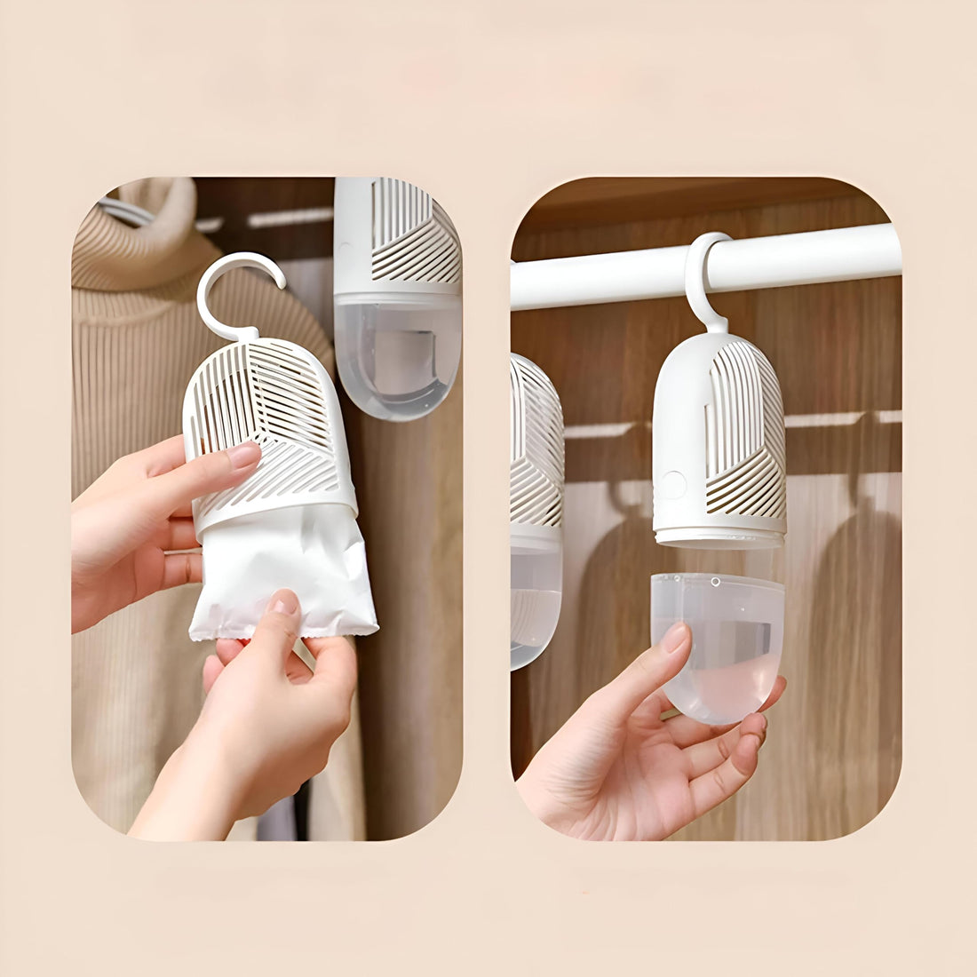 Humidity absorber hanger - Stop mold and mildew growth with this convenient humidity absorber hanger. It effectively removes moisture from closets, bathrooms, and other areas. Enjoy a fresh