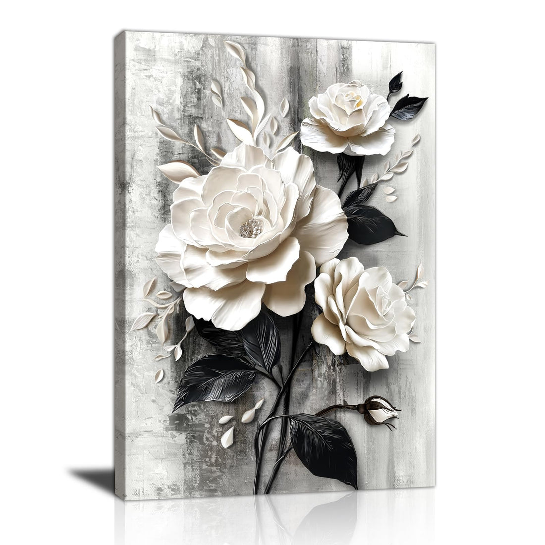 Black White Rose Flowers Canvas Wall Art Grey White Floral Wall Decor Picture White Blooming Flowers Poster Print Painting for Bathroom Office Living Room Bedroom Home Decorate Ready To Hang 30X40cm