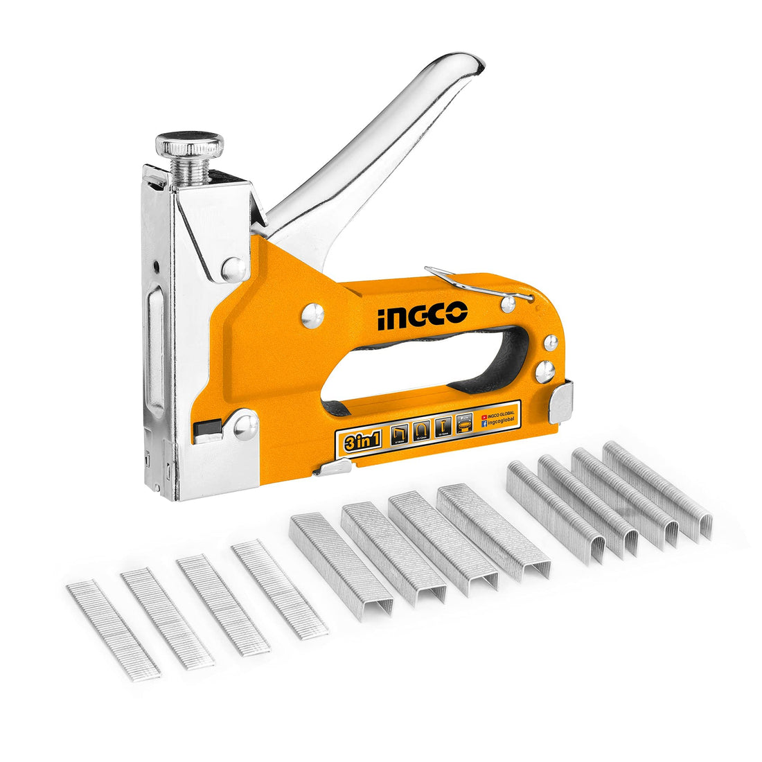 INGCO 3 in 1 Staple Nail Steel Gun Kit with 600 Staples, Manual Staple Gun for Upholstery, Fixing Material, Decoration, Carpentry, Furniture