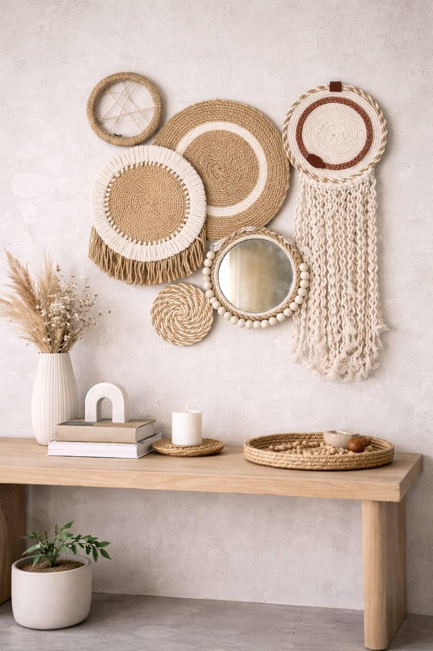 Handmade 6 Piece Cotton Jute Wall Decor Set with Mirrors and Wooden Details Round Bohemian Style Adds Distinctive Natural Elegance for Living Room Entryway