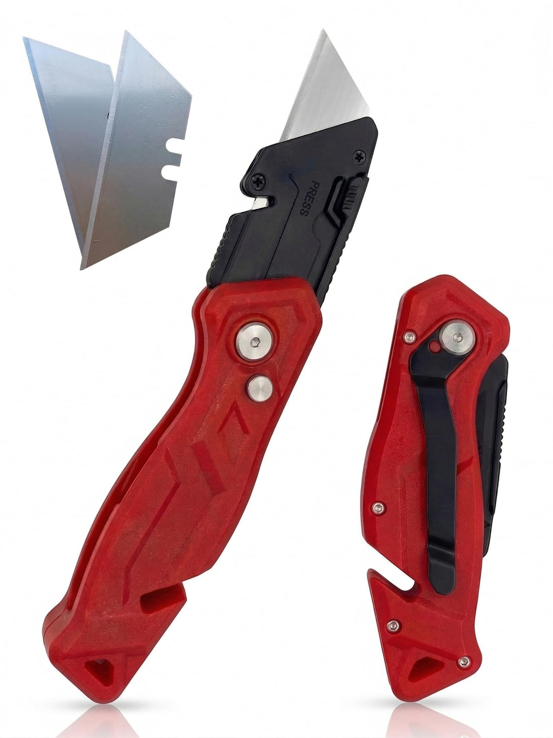 Professional Folding Carton Cutter, Multifunctional Pocket Clip and Packing Tape Cutter, Red, with 2 Spare Blades