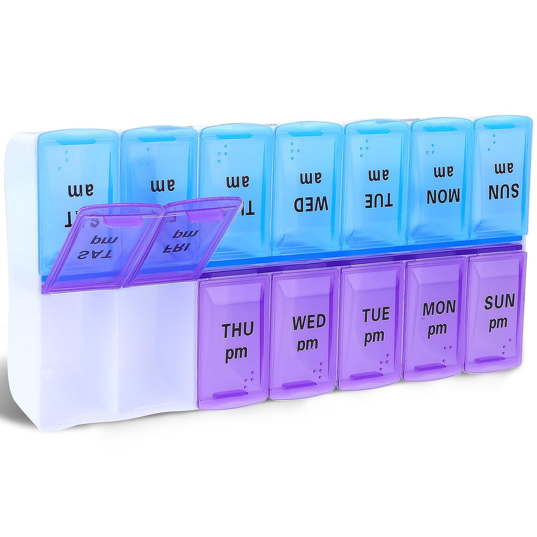 WLLHYF Weekly Pill Box Organiser am pm, (7-Day) AM/PM Pill Organizer 2 Times a Day Pill Case Organizer Medicine Box Dispenser for Medication Vitamins Fish Oil/Supplements (Purple/Blue)