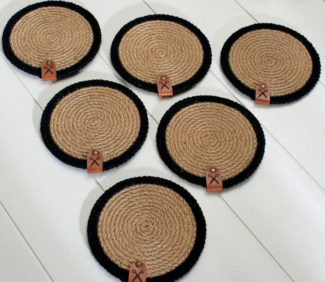 Woven It -Woven Jute Coasters, Set of 6, 13cm, Natural and Black can be used in Kitchen, living room, dining room, kids room, bed room, indoor & outdoor.