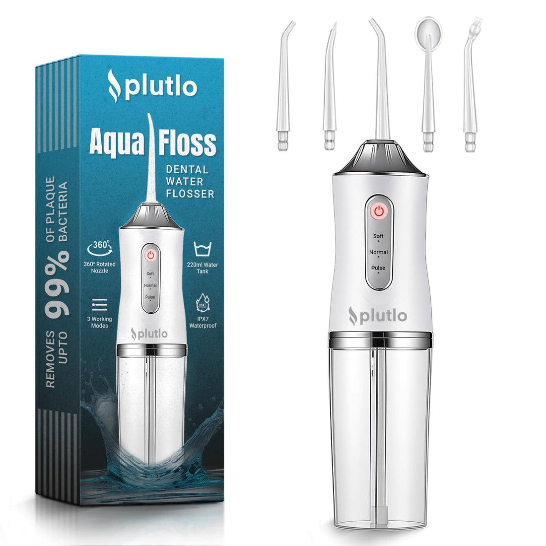 Aqua Floss Oral Irrigator Water Flosser for teeth- 210ml | 3 Water Pressure Modes & 4 Nozzles, 1500mAh Battery | Rechargeable Dental Floss for Teeth Oral Care, IPX7 Waterproof (White)