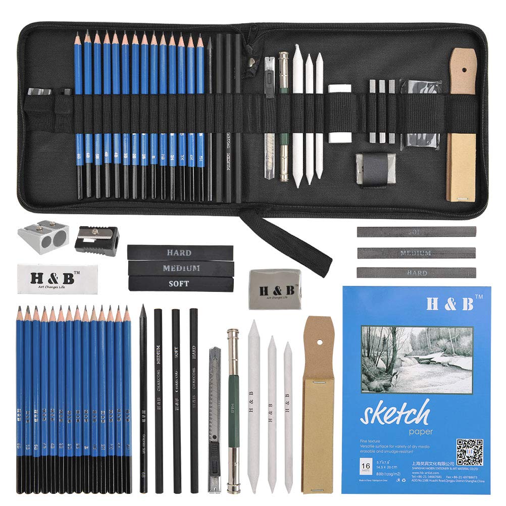 YOTINO COOLBABY 35pcs Drawing and Sketching Pencil Set, Professional Sketch Pencils Set in Zipper Carry Case, Art Supplies Drawing Kit with Graphite Charcoal Sticks Tool Sketch book for Adults Kids