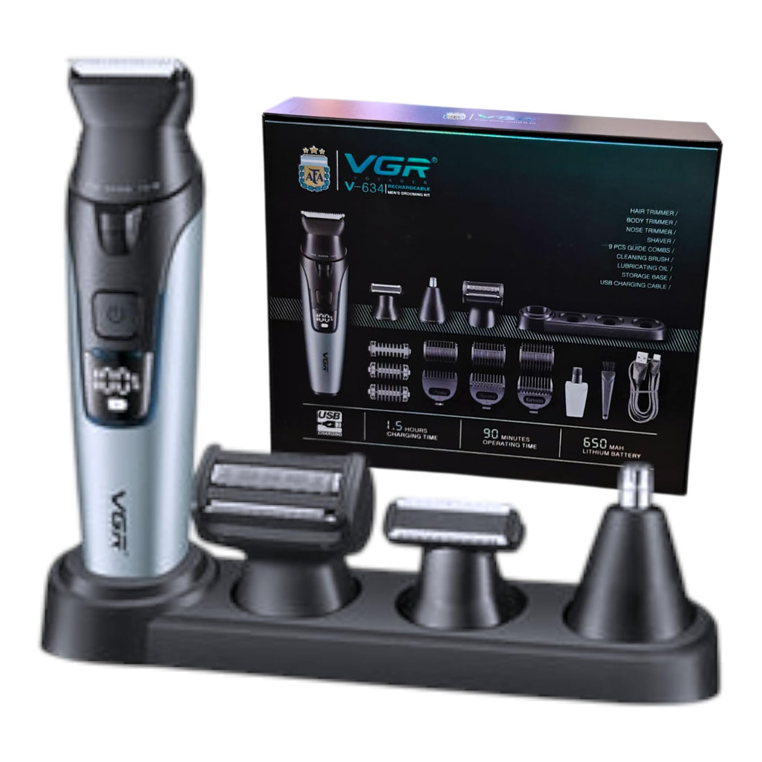 VGR V-634 4-in-1 Rechargeable Men's Grooming Kit, Waterproof Hair and Body Trimmer with LED Display, 4 Interchangeable Heads, 9 Guide Combs, USB Charging (Gray)