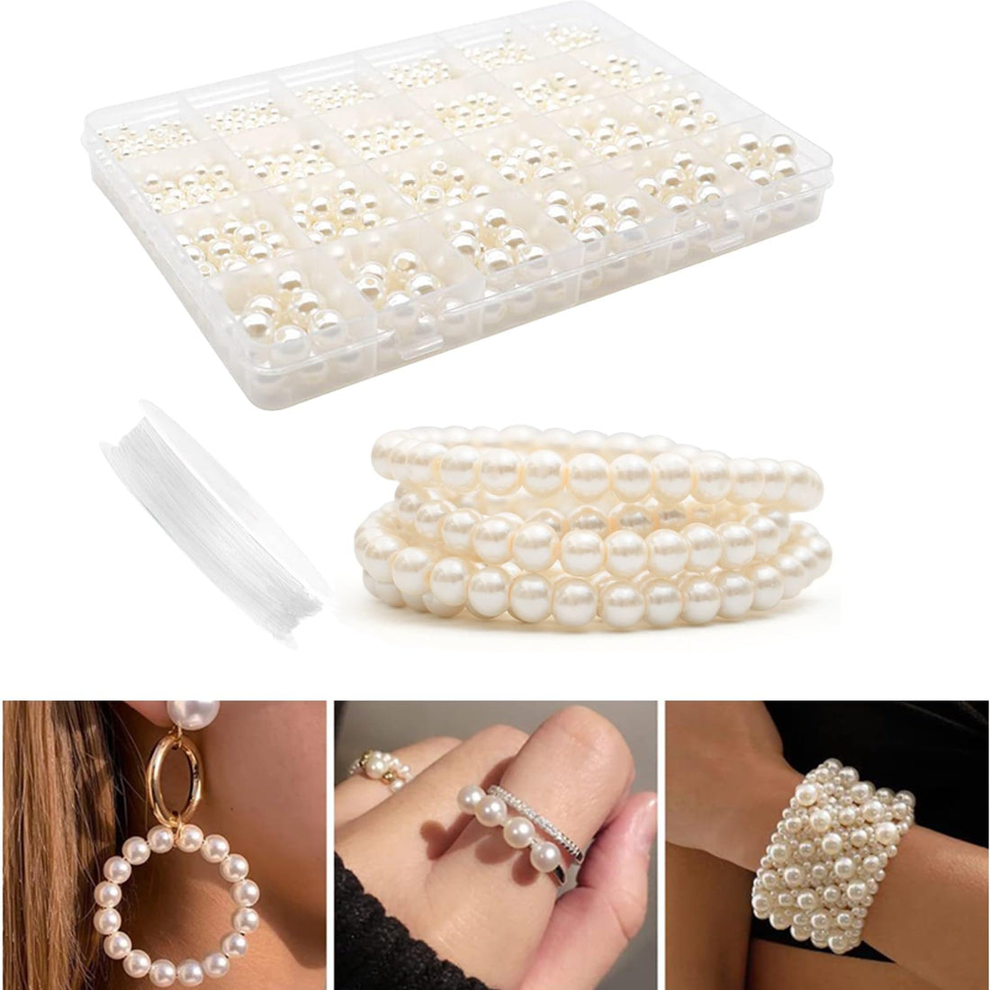 1890 Glass Beads, Portable Round Beads, 4 mm 6 mm 8 mm 10 mm Faux Pearl Jewellery Making Beads, Ivory Pearl Craft Beads for Jewellery Making, Round Jewellery Beads Craft Beads (White)