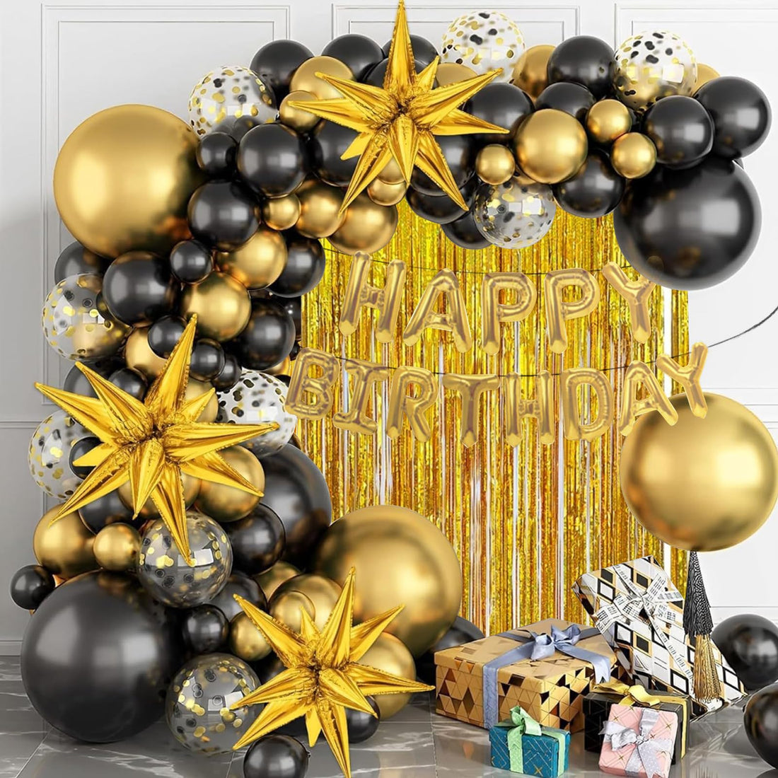 Black And Gold Balloon Arch Kit, 145 Black And Gold Confetti Transparent Balloons With Gold Curtains, Disco Birthday Party Decoration, Futuristic, Technological, Bachelor Party Balloons