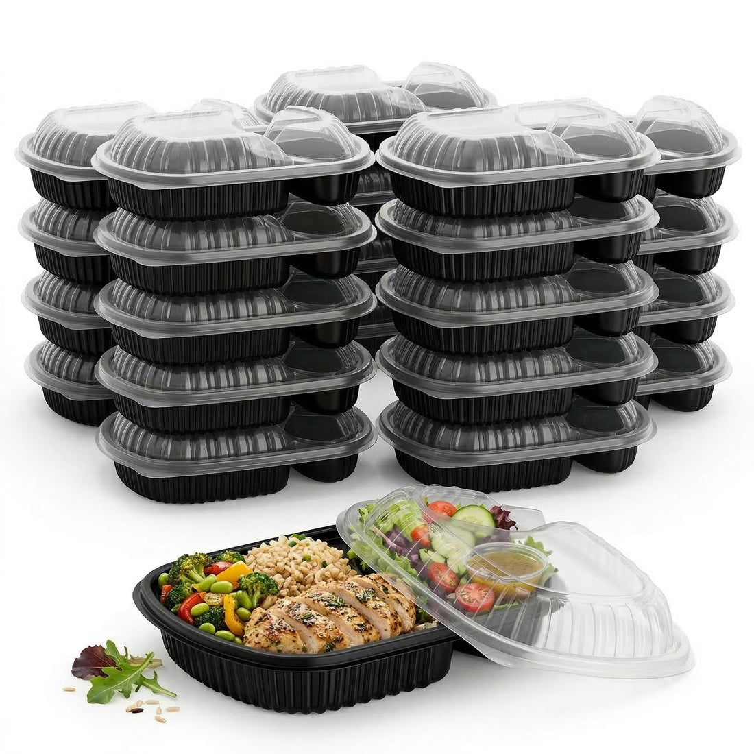 (Pack of 10) - 2 Compartment Plastic Meal Tray with Clear Lid – Disposable Microwave-Safe Food Containers for Takeaway, Meal Prep & Delivery – Leak Resistant Black Base (10)
