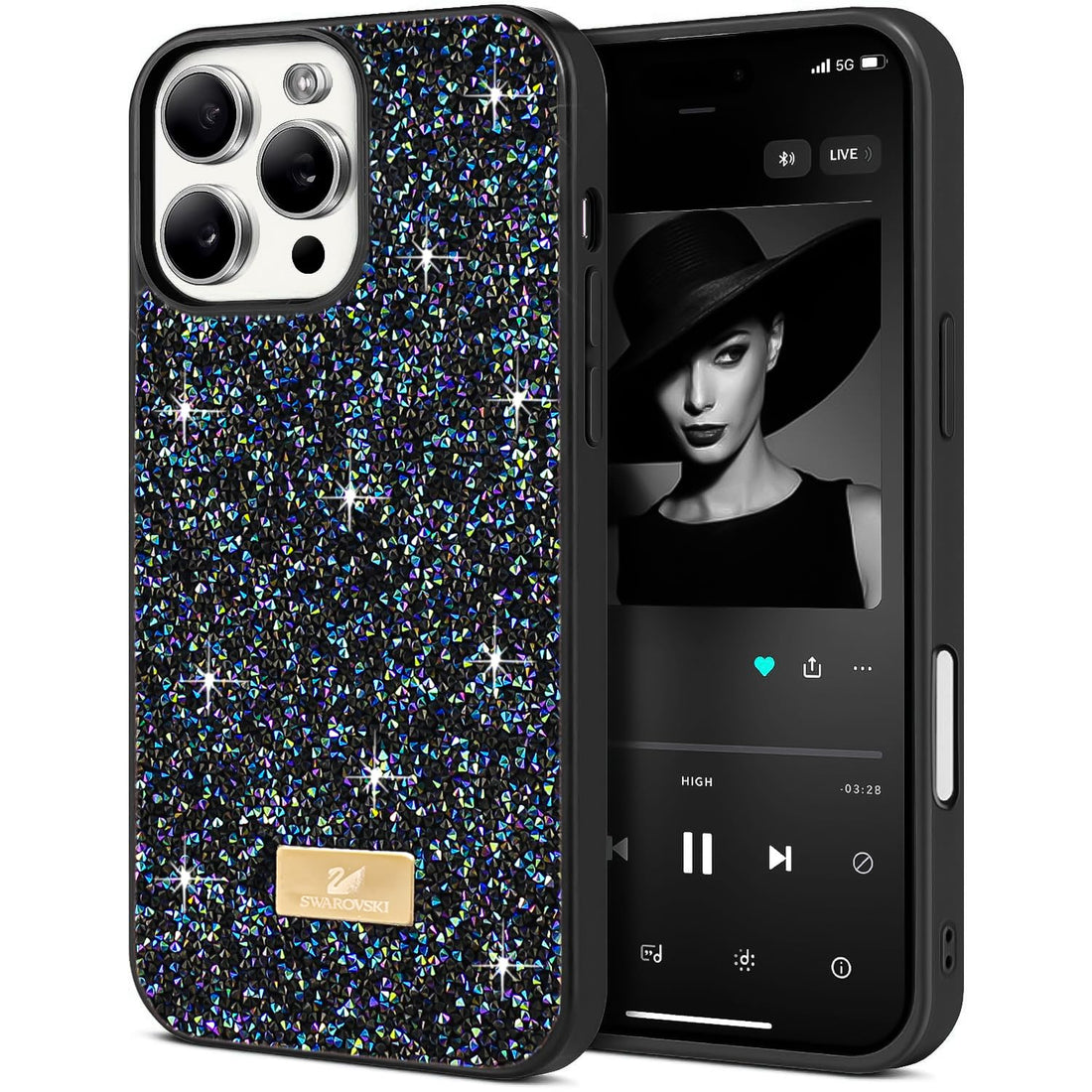 Dl3 Mobilak Case For iPhone 16 Pro Max 6.9-Inch Case Glitter, Sparkle Diamond Crystal Bling Case with Bling, Ultra Thin Lightweight Full Body Shockproof Anti-Scratch Protective Cover (Black&Blue)