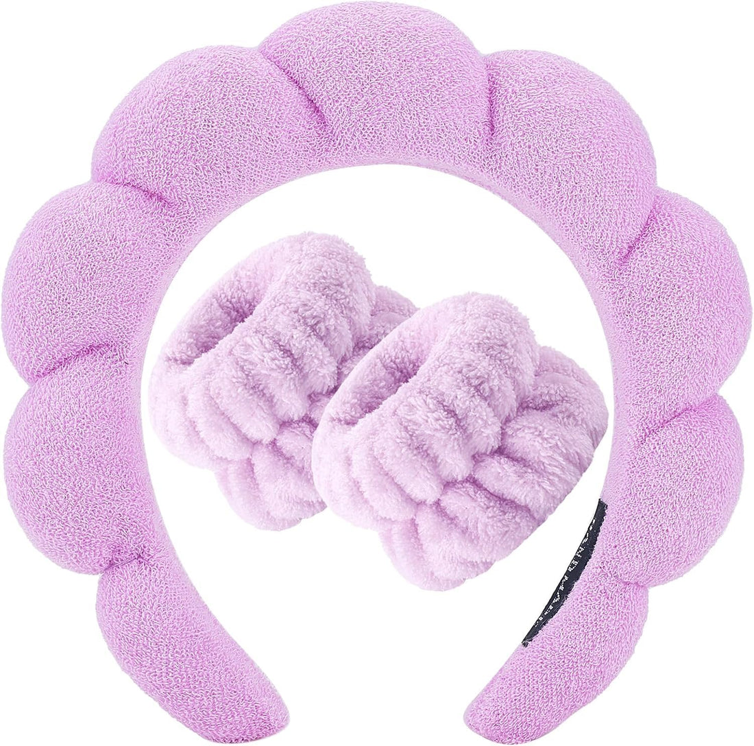Spa Headband for Washing Face Wristband Sponge Makeup Skincare Headband Terry Cloth Bubble Soft Get Ready Hairband for Women Girl Puffy Padded Headwear Non Slip Thick Hair Accessory (Purple, Standard)