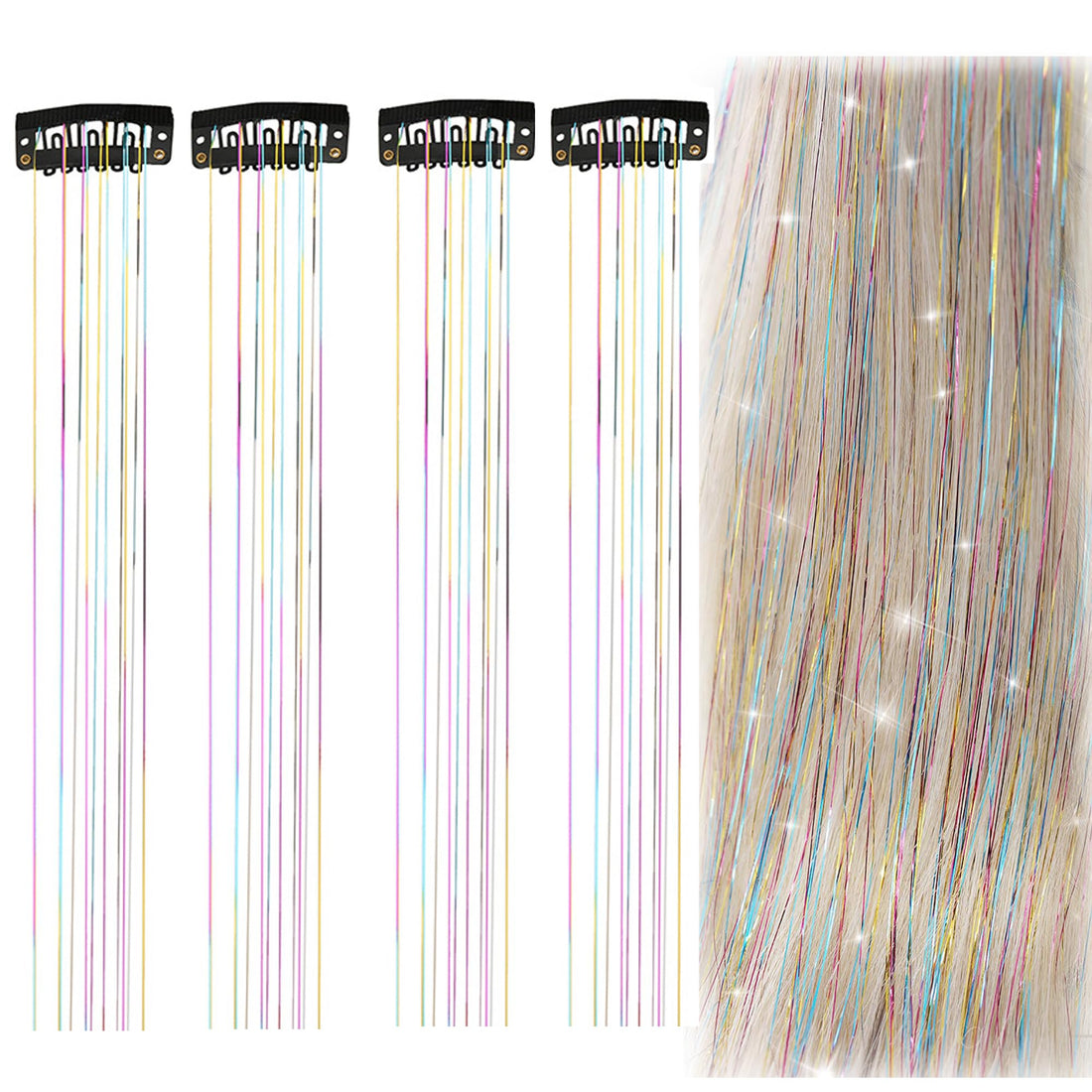 4 Pieces Sparkling Shiny Hair Tinsel Glitter Hair Strands Tinsel for Hair Glitter Tinsel Hair Extensions Glitter Hair Extensions For Women for Christmas (Colorful)