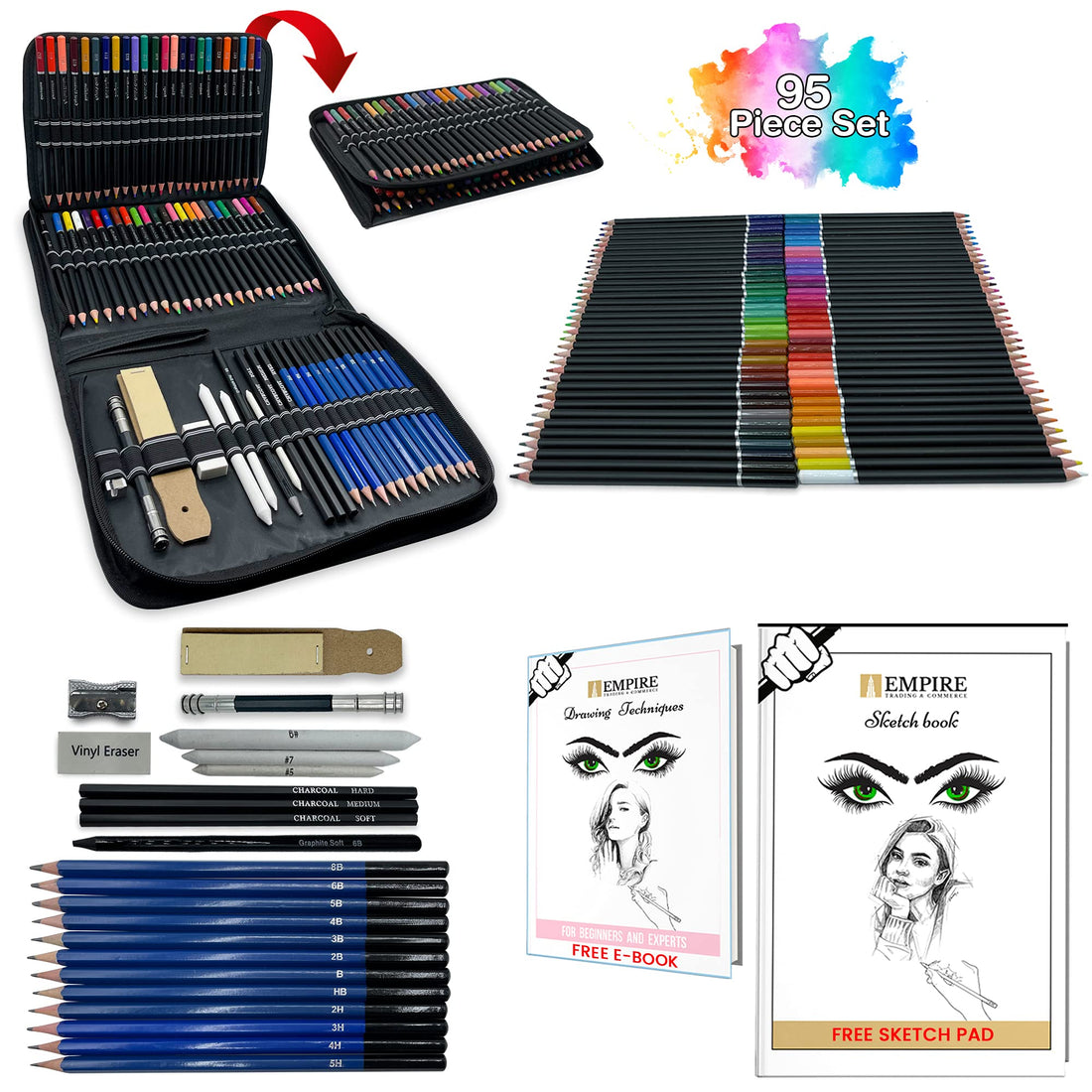 EMPIRE TRADING & COMMERCE 95 Pieces Colouring Pencil Set, 30 Pages A4 Sketchbook and FREE DRAWING TECHNIQUES E-BOOK, Colored Pencils for Adults and Kids, Art Supplies Drawing Pencils