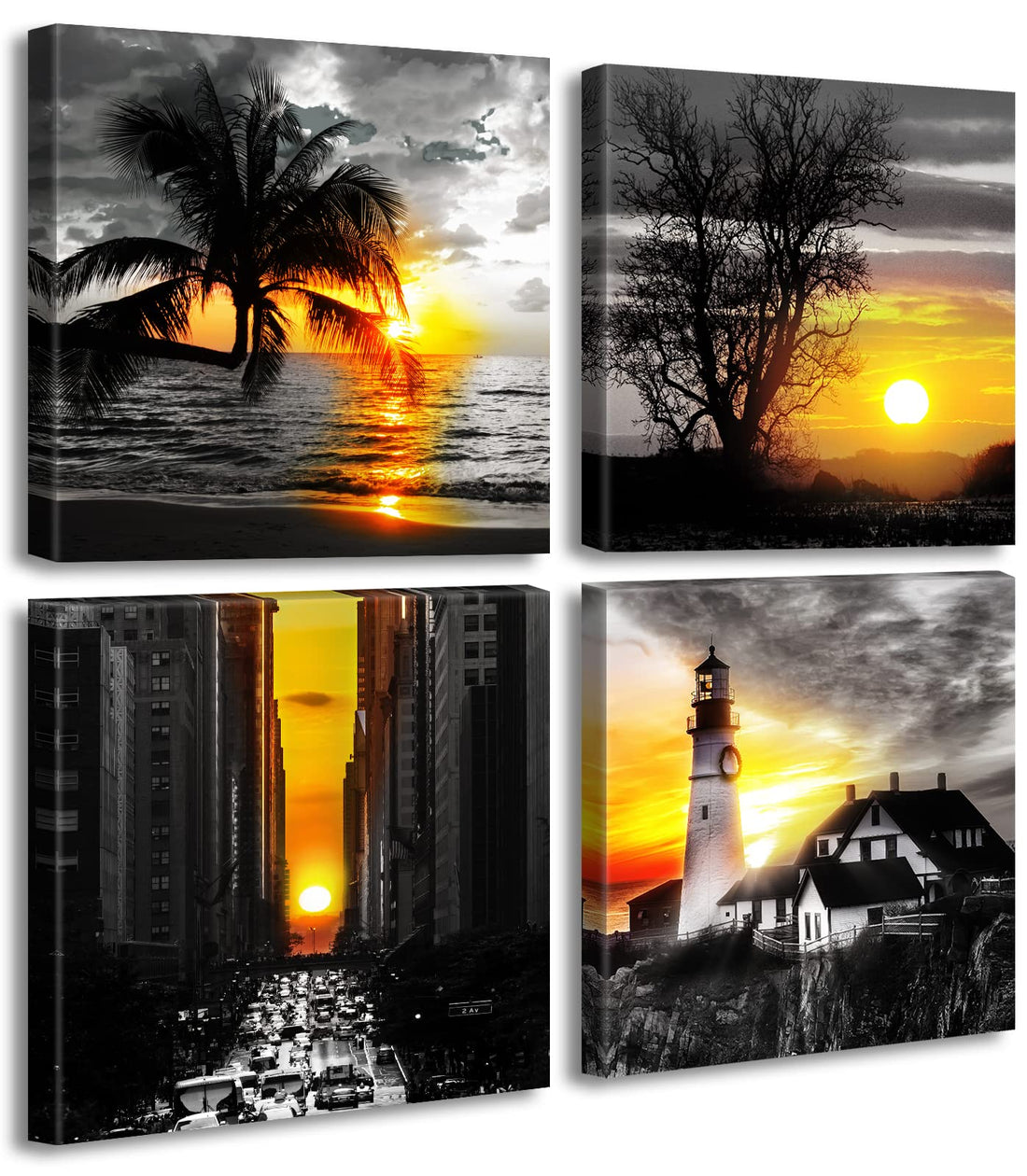 DJSYLIFE Ocean Wall Art Lighthouse Wall Decor Black and White Sunset Nature Landscape Modern Home Artwork Decorations for Bedroom Paintings 12" W x 12" H 4 Pieces