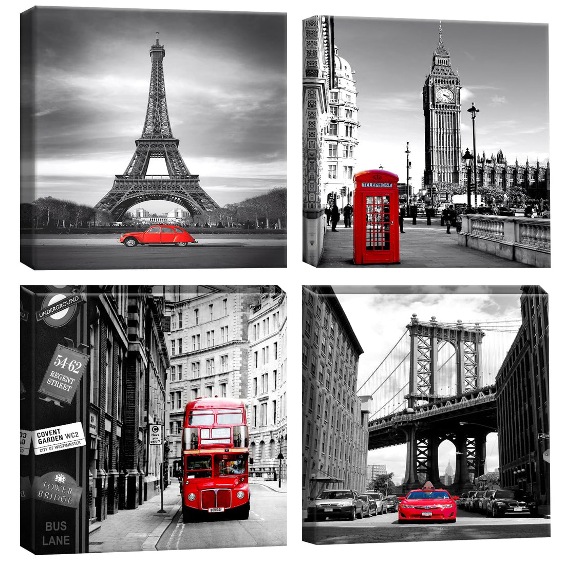 Artscope OTOSTAR 4 Pieces Canvas Prints Wall Art - Red Cityscape with Eiffel Tower, Big Ben, Tower Bridge Picture Painting- Modern Wall Artwork Framed for Bathroom Home Office Decor - 12 x 12 Inch