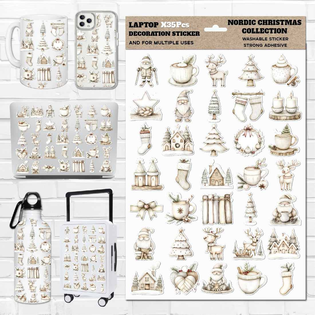 Christmas Stickers Set – Festive Holiday Stickers with Santa Claus, Gifts, Candy, Snowflakes & New Year Vibe, Nordic Christmas, Laptops, Planners, Crafts, Aesthetic & Home Decor