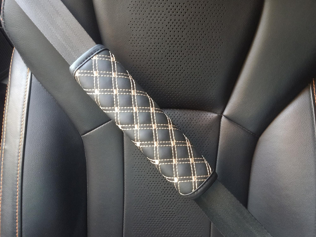 ASSAFCO 2Pack Car Leather Seat Belt Cover Shoulder Pad Protector winne style (black-beige)