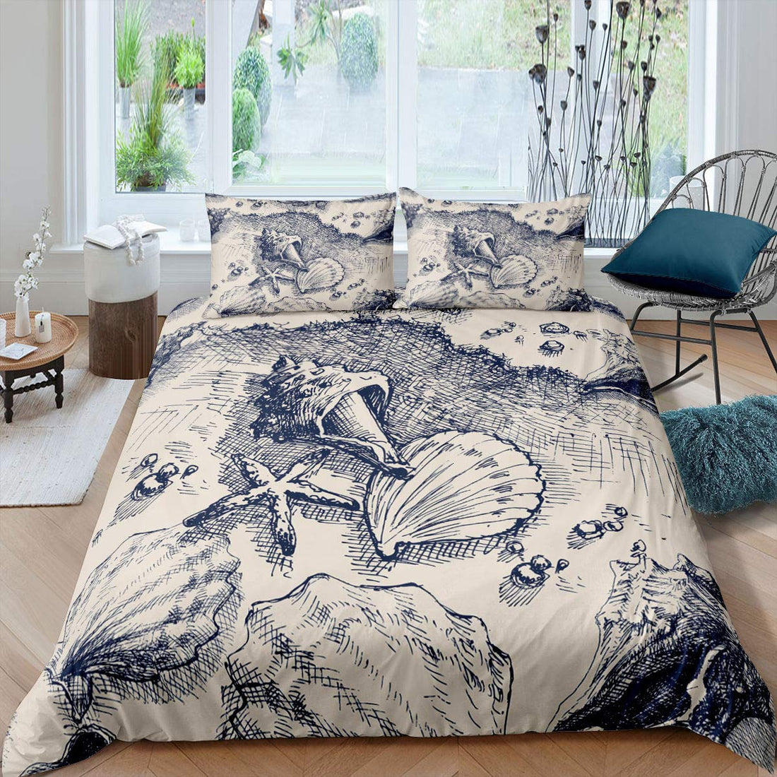 Erosebridal Ocean Beach Duvet Cover Starfish Bedding Set Horse Shell Picture Hawaii Vacation Tropical Landscape Sea Animal Plant Quilt Cover, 3 Pieces Comforter Cover with 2 Pillow Shams, King Size