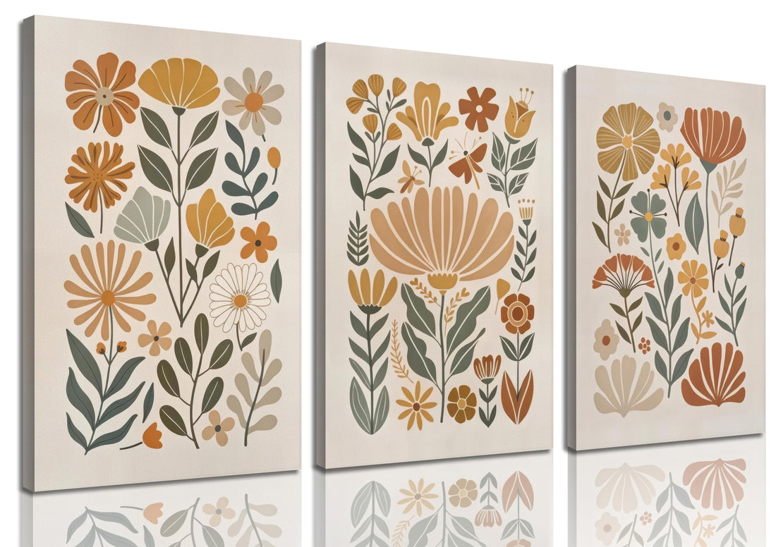 3Pcs Framed Boho Abstract Floral Wall Art Minimalist WildFlower Wall Decor Pictures Modern Botanical Warm Earthy Tones Canvas Posters Prints for Living Room Bedroom Office Home Decoration 12x16in