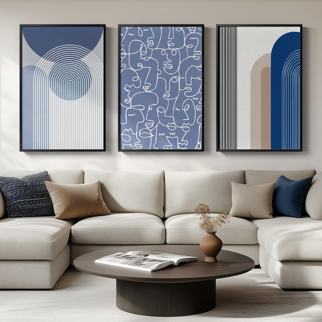 Large Framed Boho Abstract Blue Wall Art for Living Room, Set of 3 Piece Modern Minimalist Canvas Painting Artwork for Walls, Big Bohemian Face Line Geometric Pictures prints for Living Room, Bedroom,
