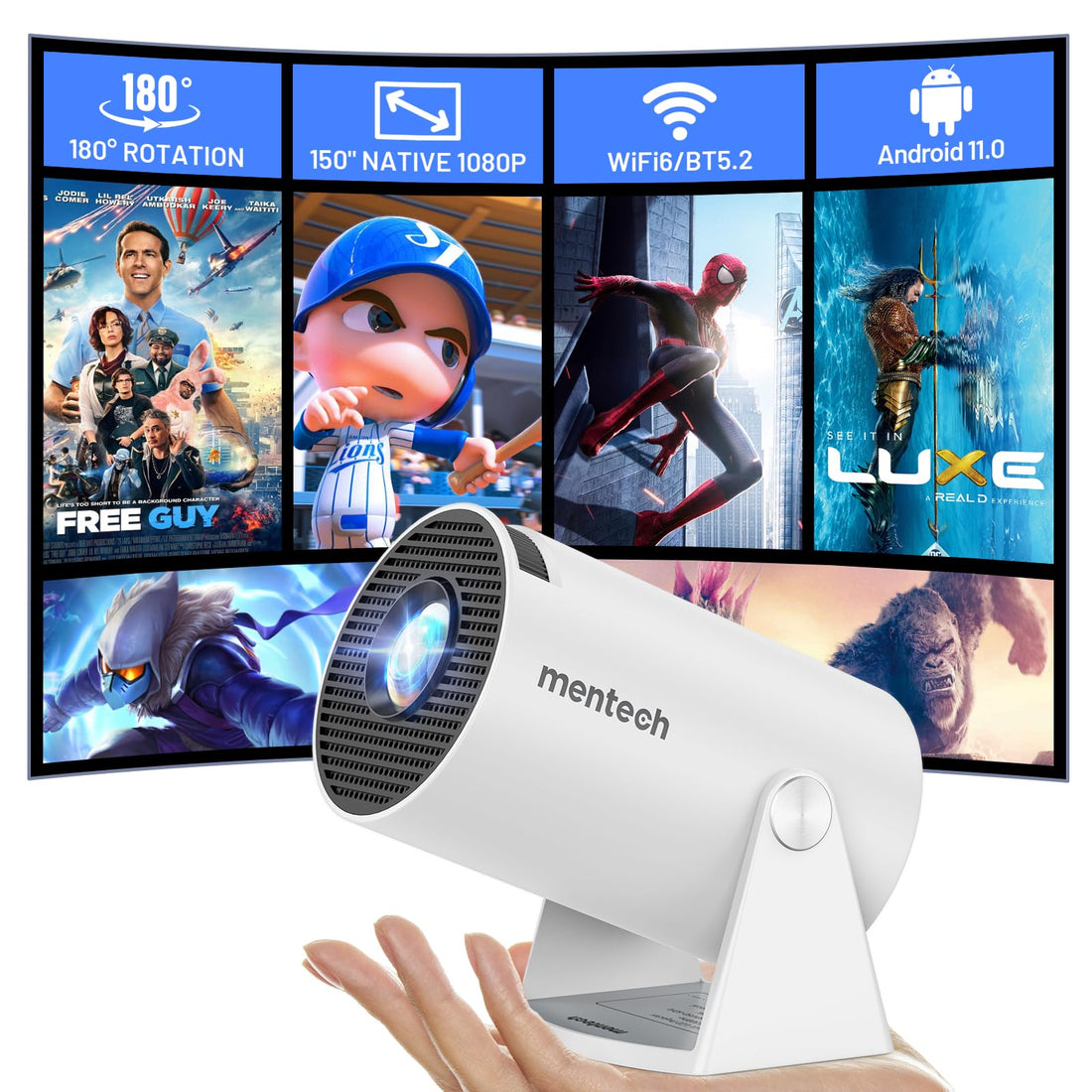Mini Projector with WiFi and Bluetooth, 180° Rotatable, 150" Smart Projector, Android TV 11.0, 1080P Support 4K Decoding, 2.4G/5G WiFi6, Auto Keystone, White