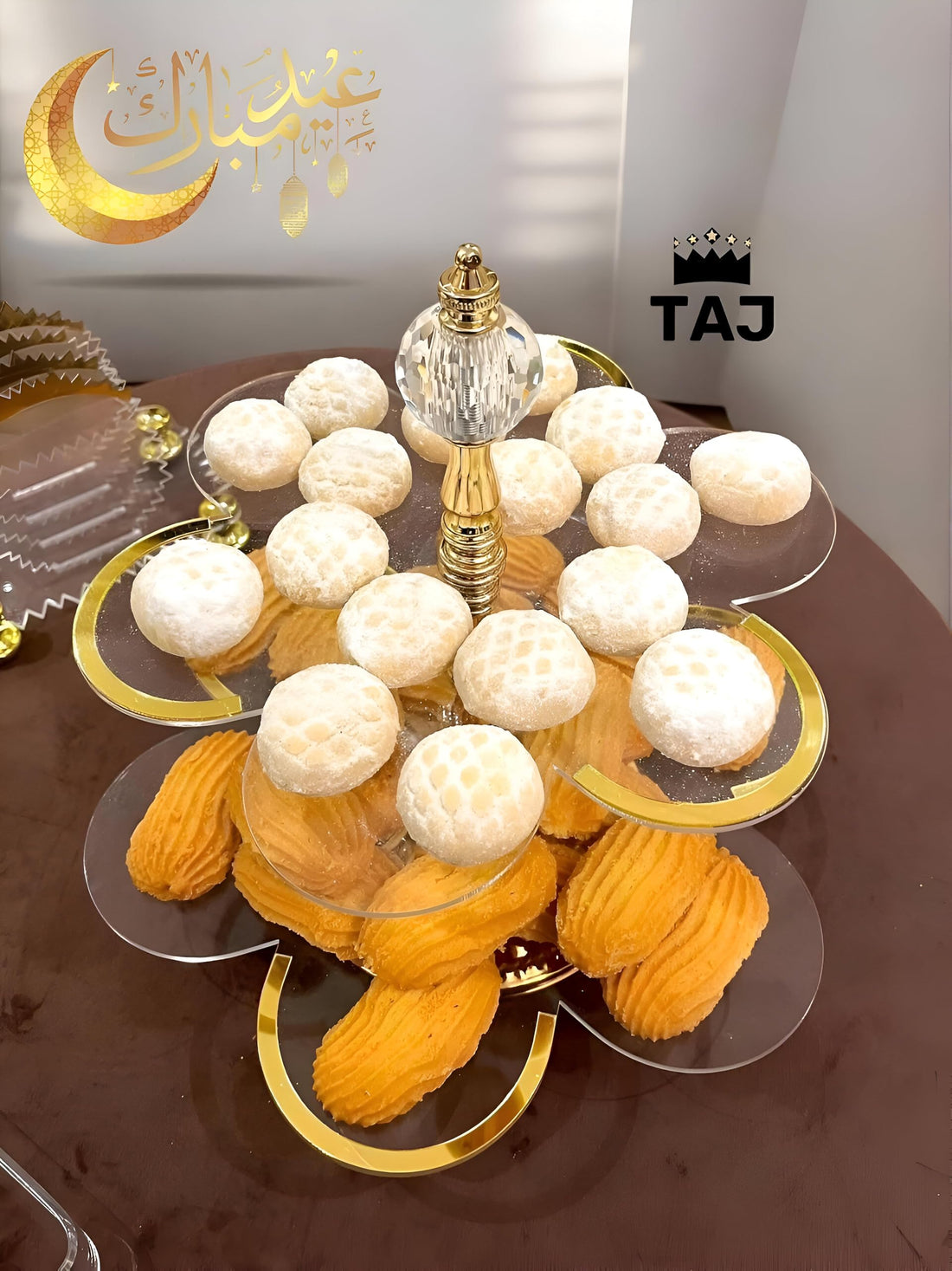 Gift Tray - Refined acrylic double stand with gold-engraved details and shimmering crystal base specially crafted to present sweets and treats in a beautiful contemporary fashion