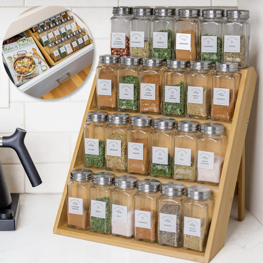 Bamboo Spice Rack, 3-Tier Seasoning Spice Jar Organizer, wooden spice holder, Space Saving Wooden Spice Holder for Kitchen Cabinet Drawers, Countertop, Pantry