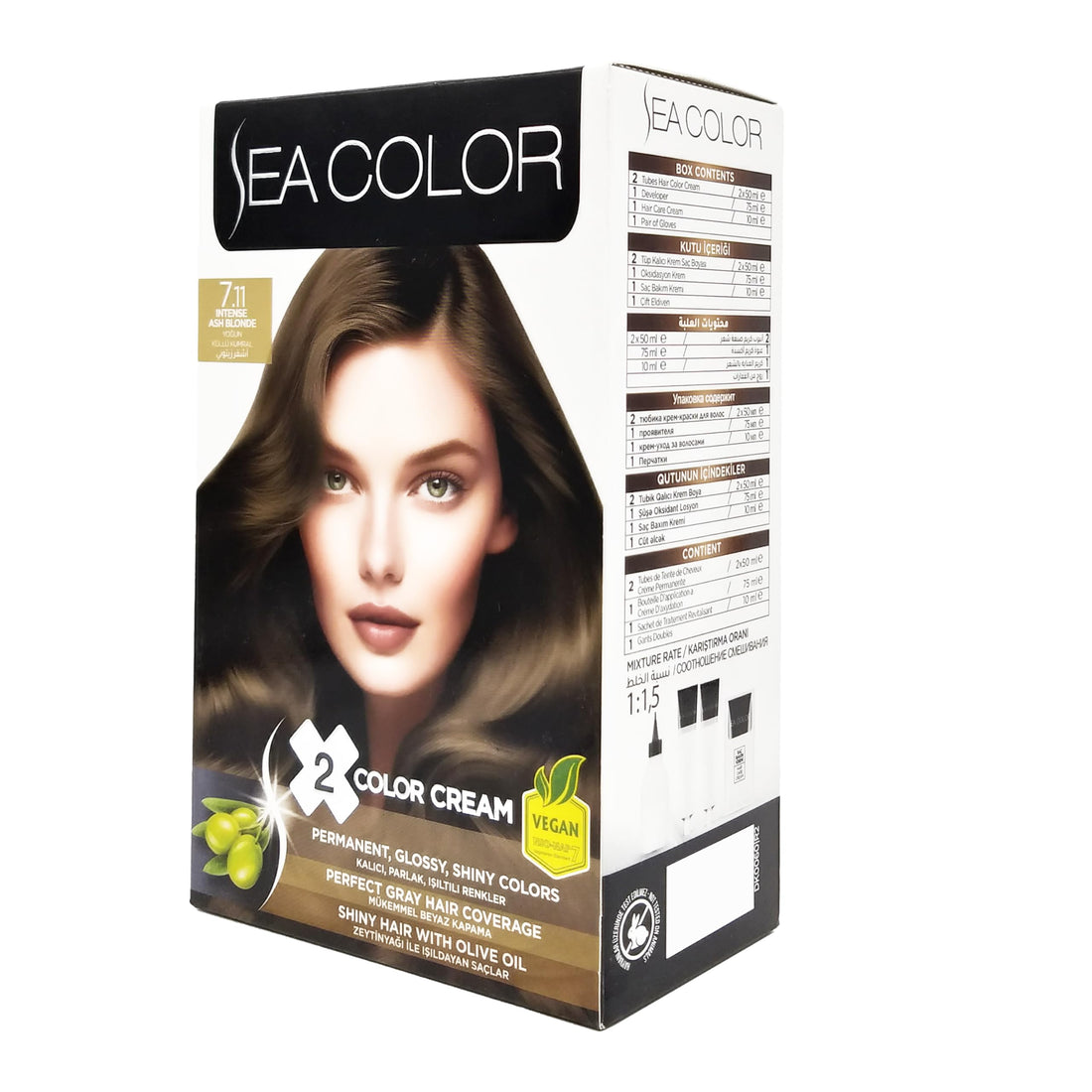 Sea Color Turkish Set Hair Dye With Olive Oil (2 Tubes 50ML In A Box) Permanent, Glossy, Shiny Colors - 7.11 Intense ASH Blonde