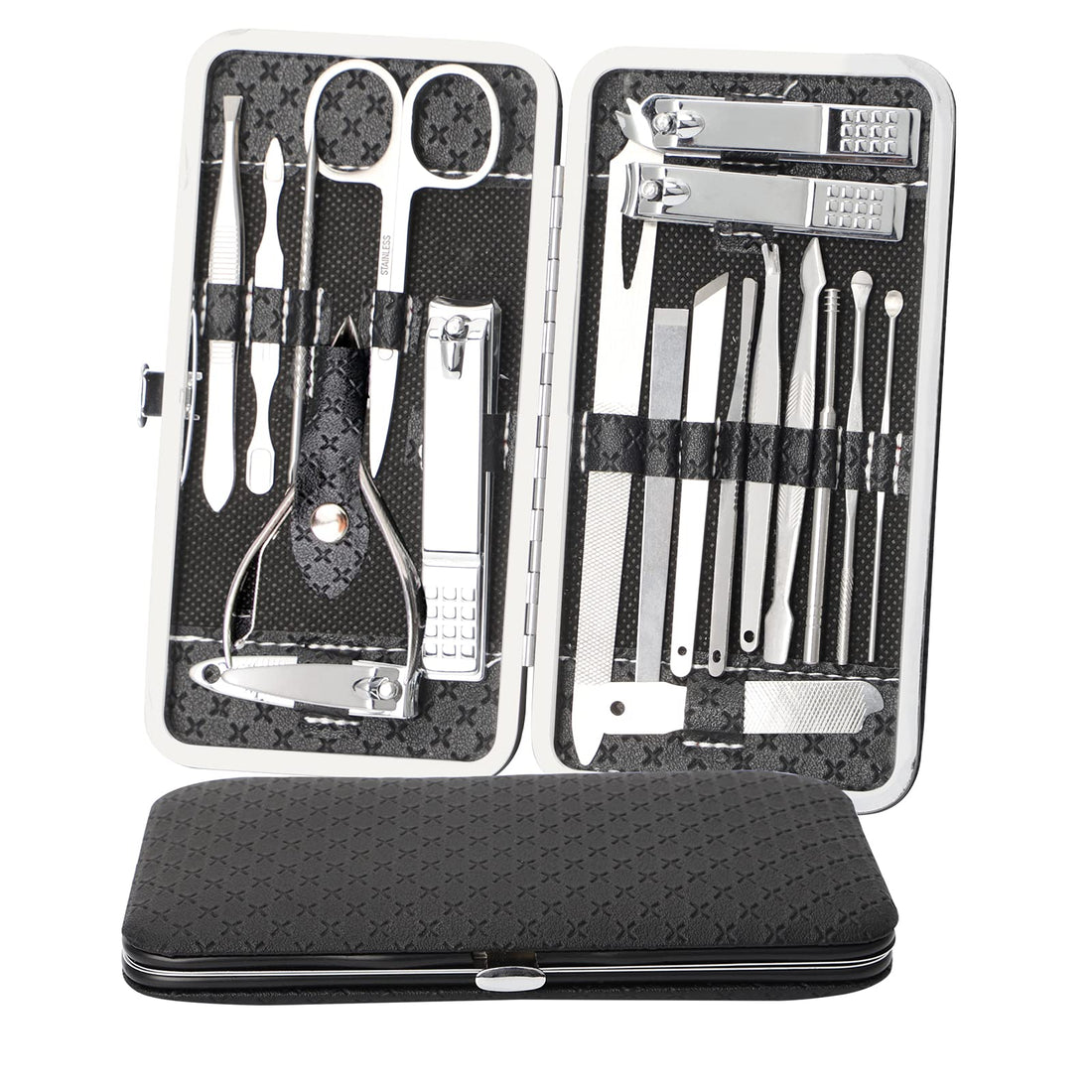 Lyneun Manicure Sets 19Pcs, Professional Stainless Steel Nail Clippers Pedicure & Eyebrow Kit Grooming Tools with Luxury Grooming Travel & Home Leather Case