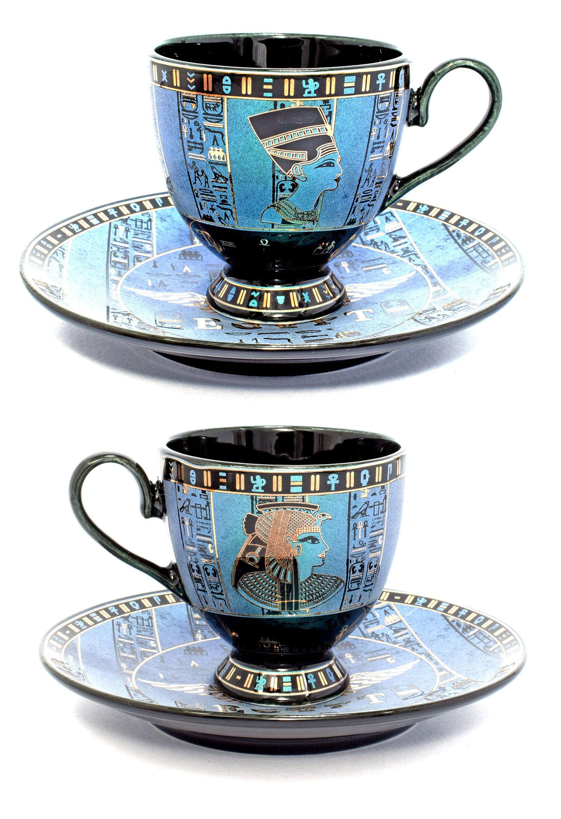 pack of 2 Coffee mug and 2 of it's plate of immatgar pharaonic Coffee mug ancient Egyptian souvenirs gifts for women and men from Egypt - mother day gifts (3kings - Circular - Blue - 75 MM)