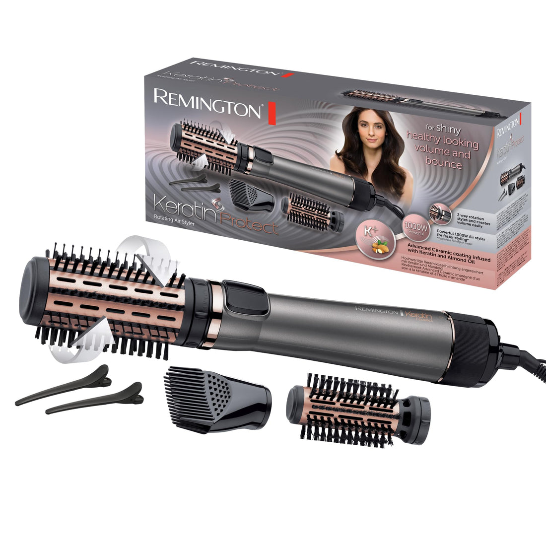 Remington Hair Dryer Brush Keratin Protect (Rotary, 1000 Watt, Enriched With Keratin And Almond Oil For Strong & Healthy Hair, Ceramic Coating, Coolshot) Hot Air Brush AS8811