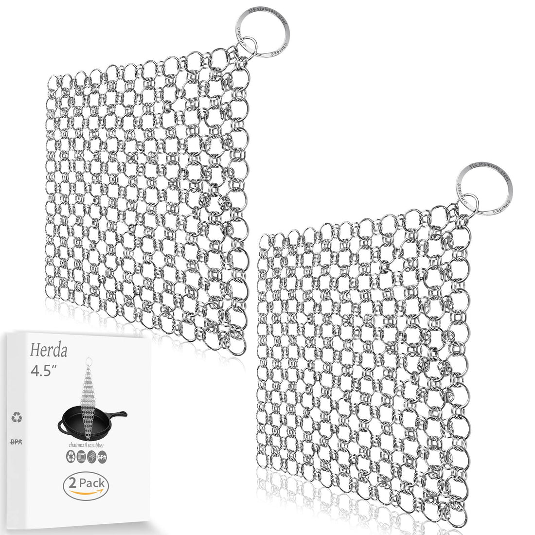 2Pack 4.5inch Stainless Steel Cast Iron Cleaner, Chainmail Scrubber for Pre-Seasoned Pan Pot, Iron Skillet Chain Link Cleaning, Clean Dutch Ovens, Waffle Grills & Griddle Pan Easily, Metal Scrub Tool