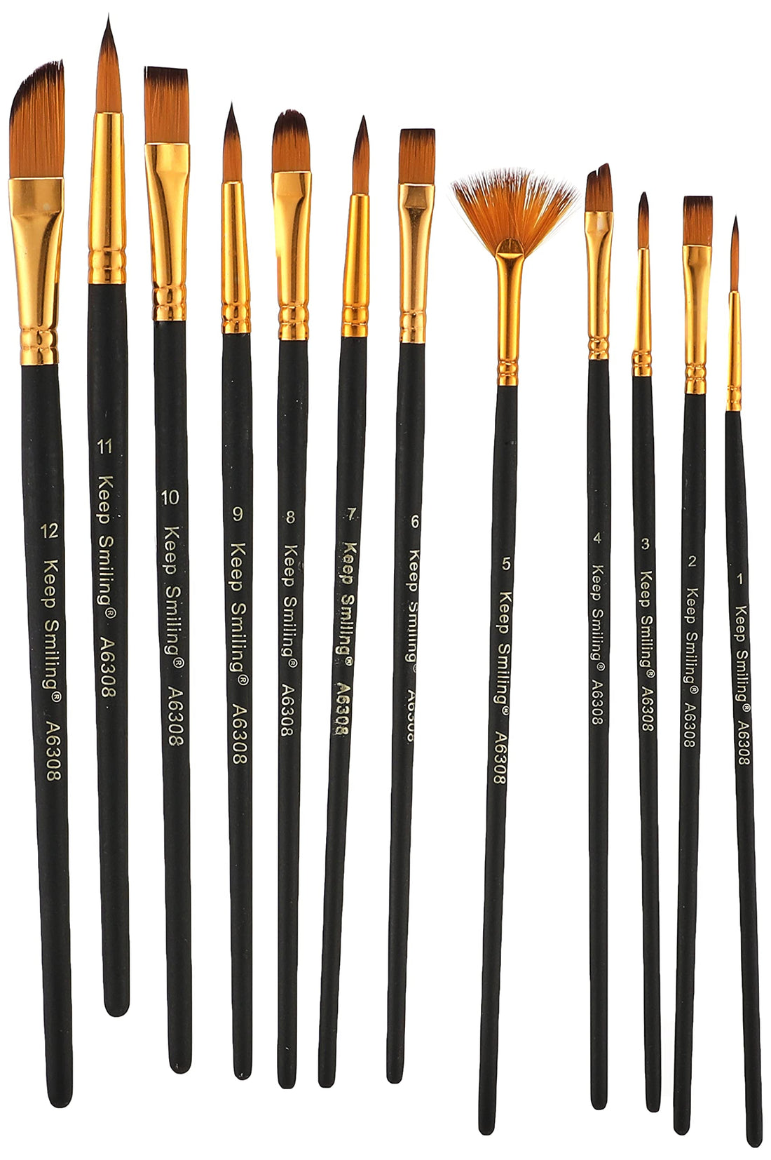 Keep Smiling Professional Artist Paint Brush Set of 12 Different Shapes Multi Functional for Canvas, Watercolor, Oil and Acrylic Painting - Black/Gold