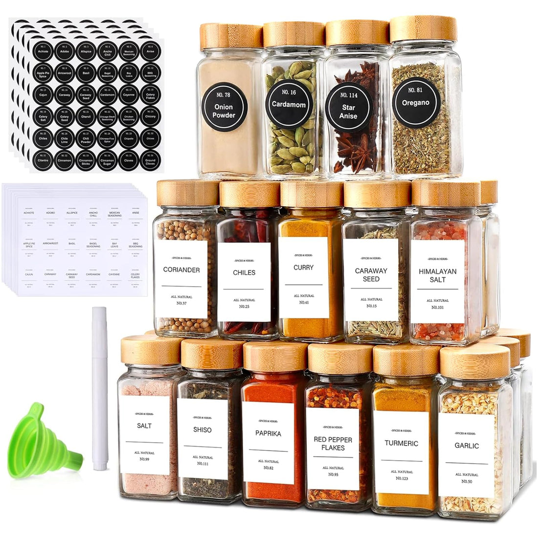 DIMBRAH Spice Jars with Label 24Pcs,Seasoning Containers,Glass Spice Jars with Bamboo Lids,Kitchen Essentials,Spices Container Set,Kitchen Set,Seasoning Organizer,Spice Rack Organizer for Cabinet