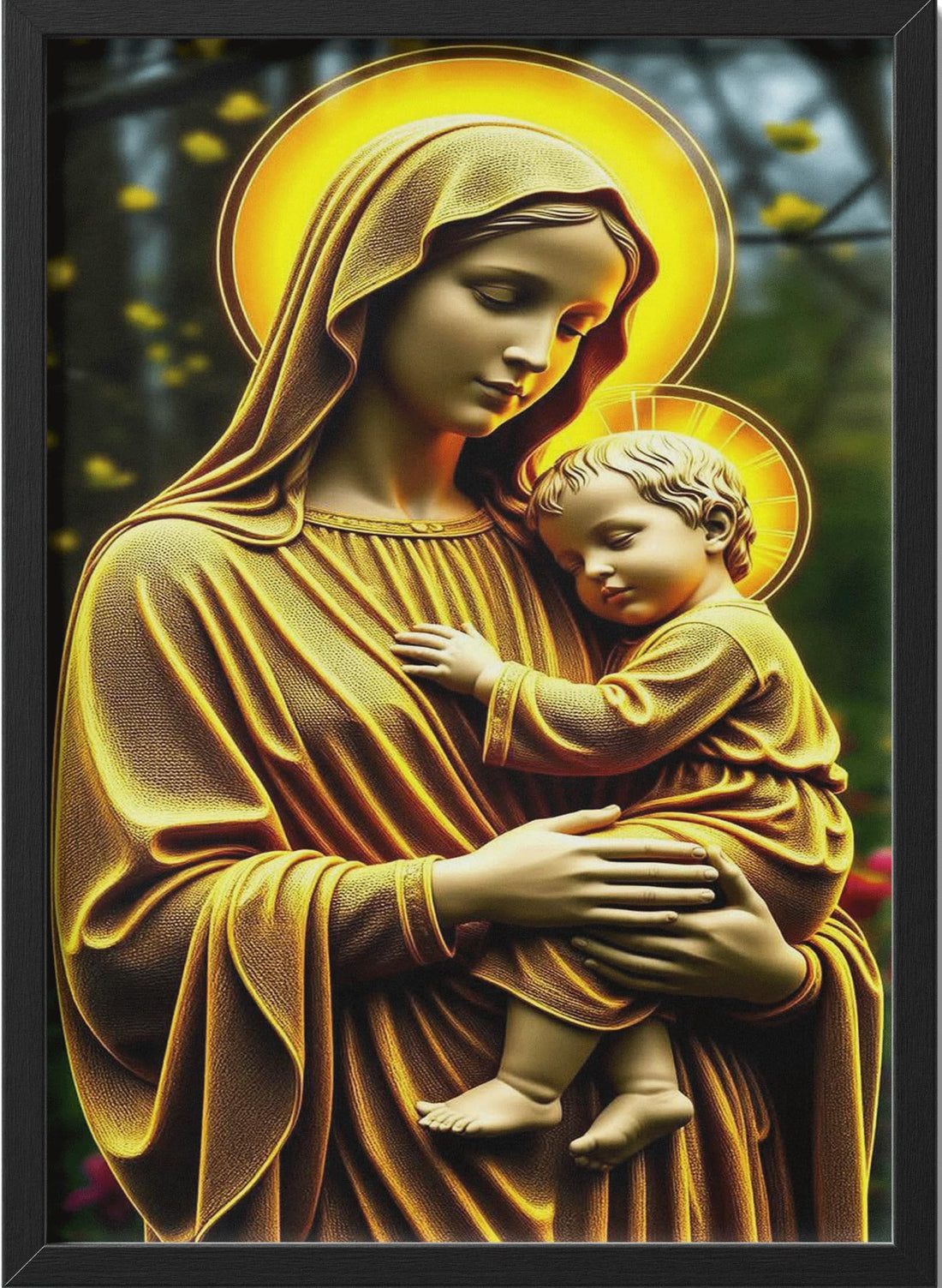 Virgin Mary and Baby Jesus Byzantine Art – Classical Portrait with Gold Halo & Black Frame – 40×30 cm