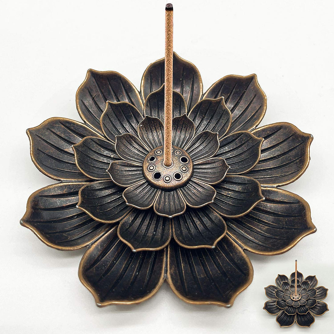 Incense Holder Alloy Lotus Ash Catcher Copper Incense Container Set, Lotus Shaped Incense Sticks, Lotus Censer Stick Incense Holder (Bronze)