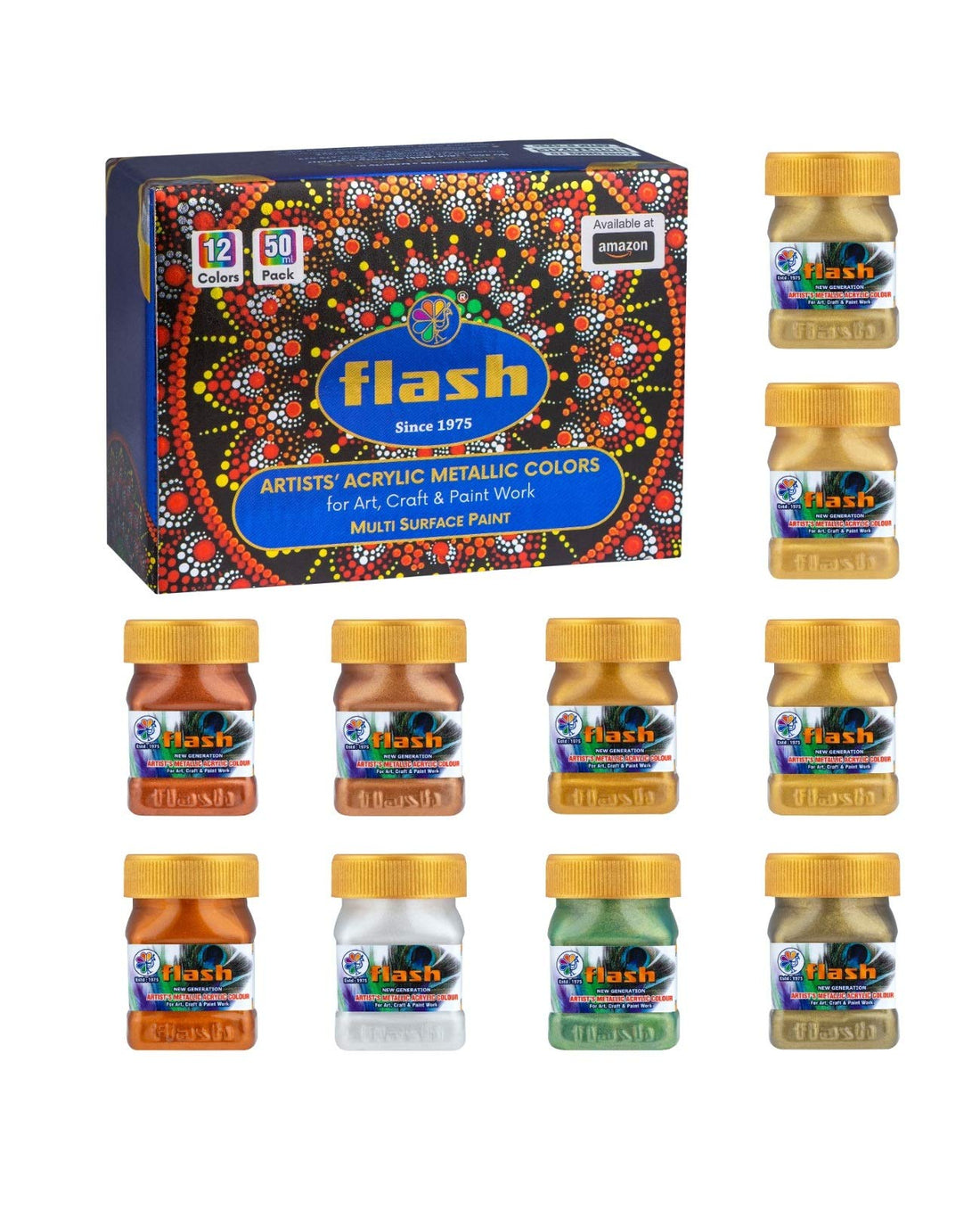 Flash Premium Iridescent Solid Metallic Acrylic Paint Set 12 Shades(50ml,1.7 oz), Highly Pigmented & Fade-Resistant, Non-Toxic, Multi-Surface Paint for Artists, Hobby Painters & Kids