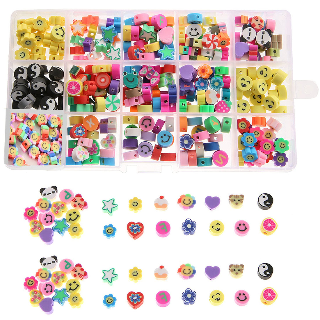 xxue 300 Mixed Smiley Colorful Polymer Clay Beads, 15 Style Letters, Animal Fruit Theme, Used in Jewelry Making, Bracelets, Beading Crafts, Hair Accessories, Suitable for Ladies and Girls