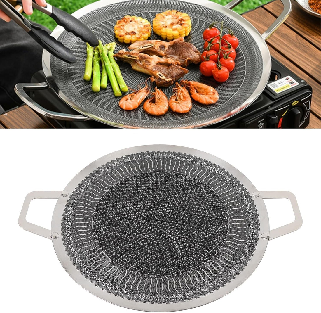 HAPPY HOME Bbq Grill, Round Stainless Steel Nonstick Grill Pan with 2 Handles for Induction Cooktop Outdoor Camping Barbecue, Korean Frying Pan Griddle for Bacon Sausage Egg Seafood (38CM)
