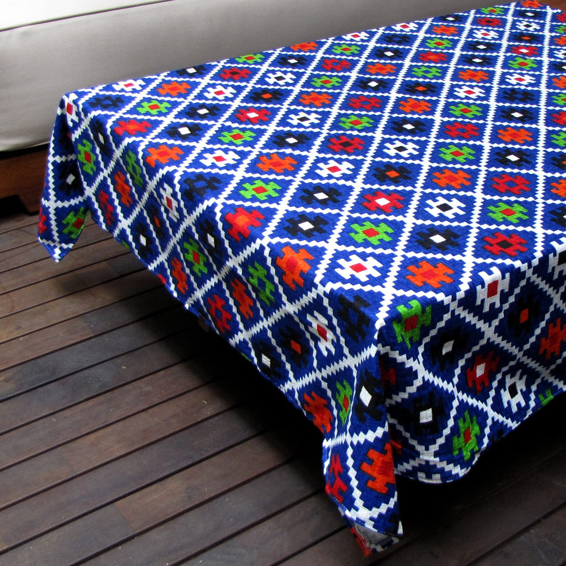 Christmas Tablecloth - Chenille Fabric With Boho Square Pattern Print - 1.28 x 1.28 Meters (Royal Blue)