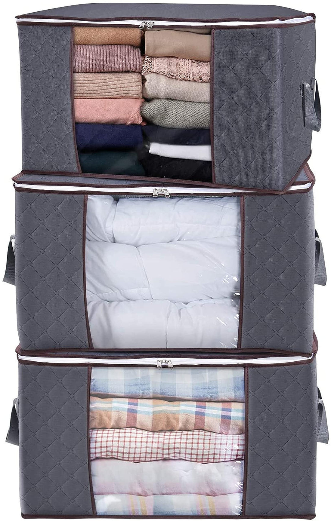 Large Capacity 3 Pack 90L Clothes Storage Bag Organizer with Reinforced Handle Thick Fabric for Comforters,Blankets,Bedding,Foldable with Sturdy Zipper,Bins Bags Clear Window
