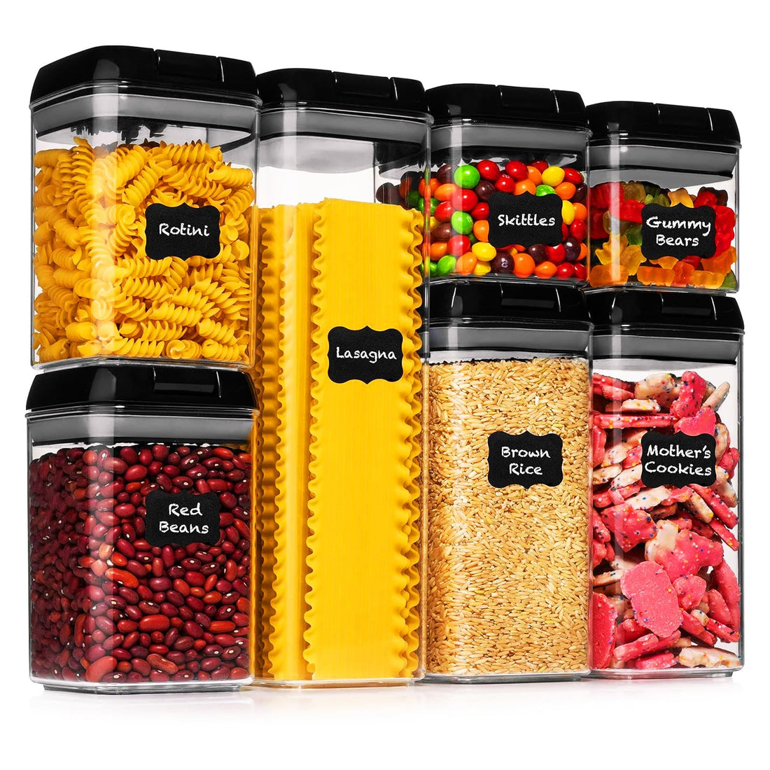 Airtight Food Storage Container Set - 7 Piece Set Clear Plastic Containers with Easy Lock Lids, for Kitchen Pantry Organization and Storage, Include 24 Labels (Black)