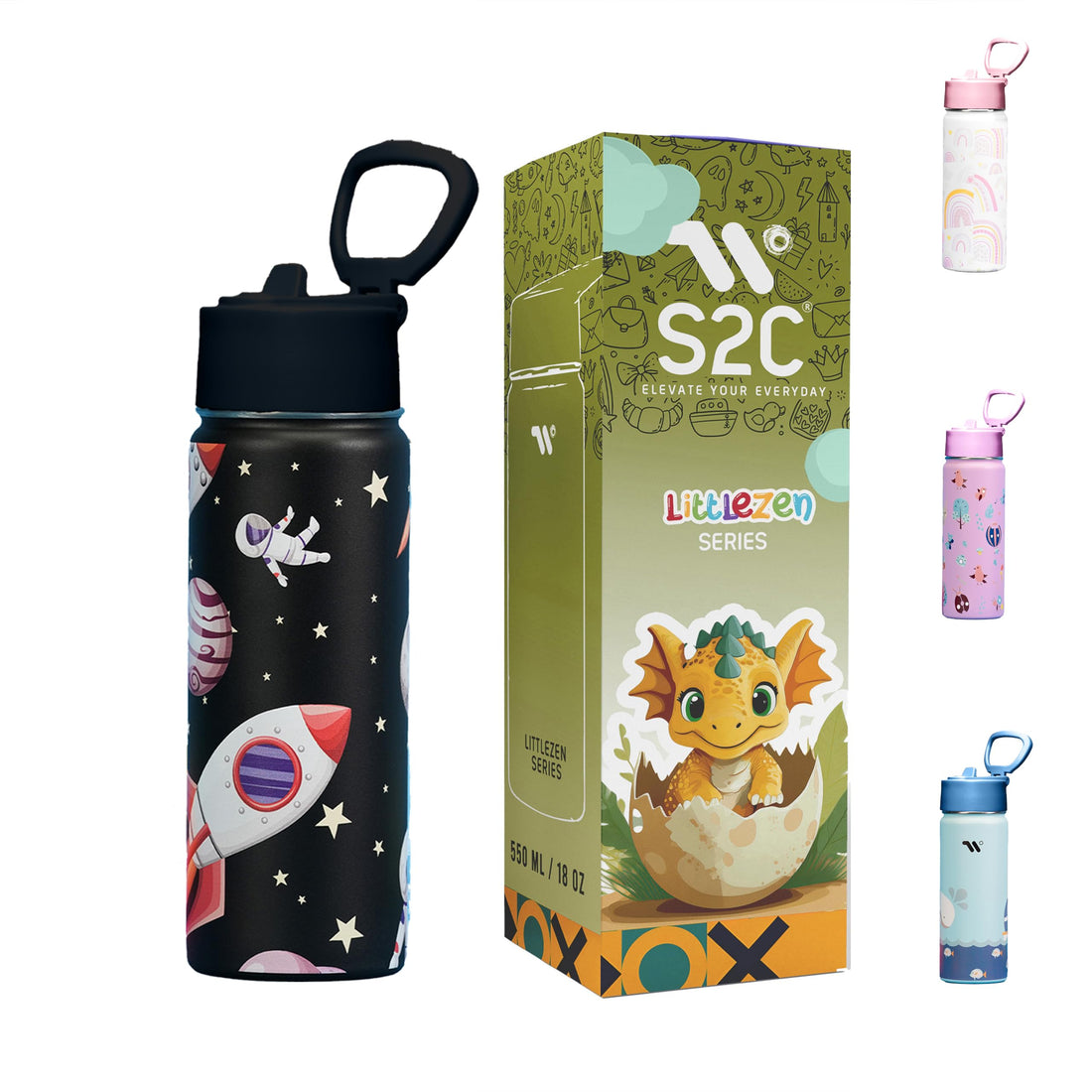 S2C Kids Water Bottle with Straw Lid – 550ml Stainless Steel, Double Wall Insulated, BPA-Free, Leak-Proof Bottle for School & Toddlers (BLACK SPACE)