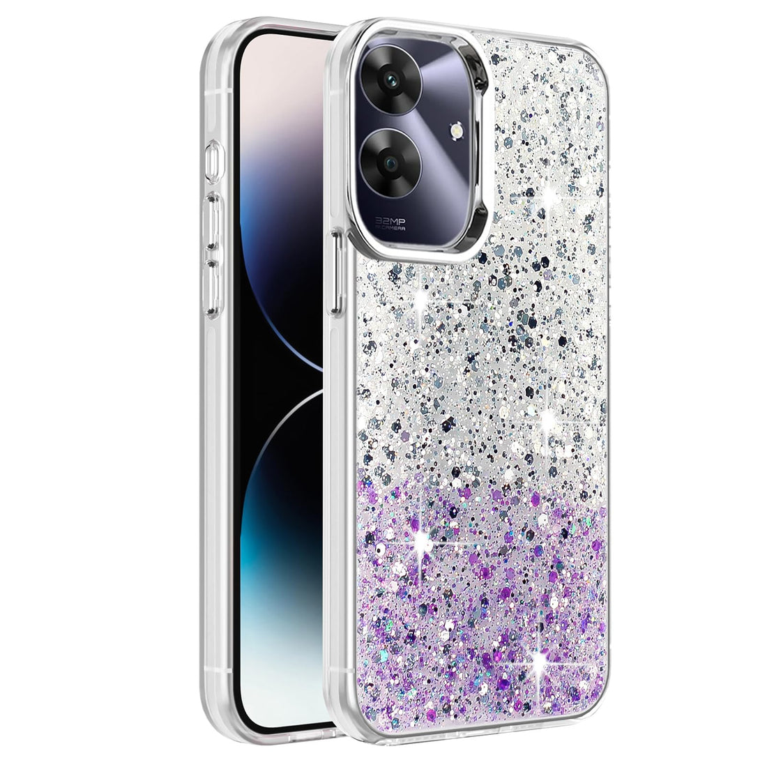 Dl3 Mobilak Compatible with Oppo Realme Note 60 Case, Clear Glitter Bling Sparkly, Soft TPU Frame Bumper, Hard-Back Cover for Women & Girls, Transparent Protective Phone Case (White Purple)