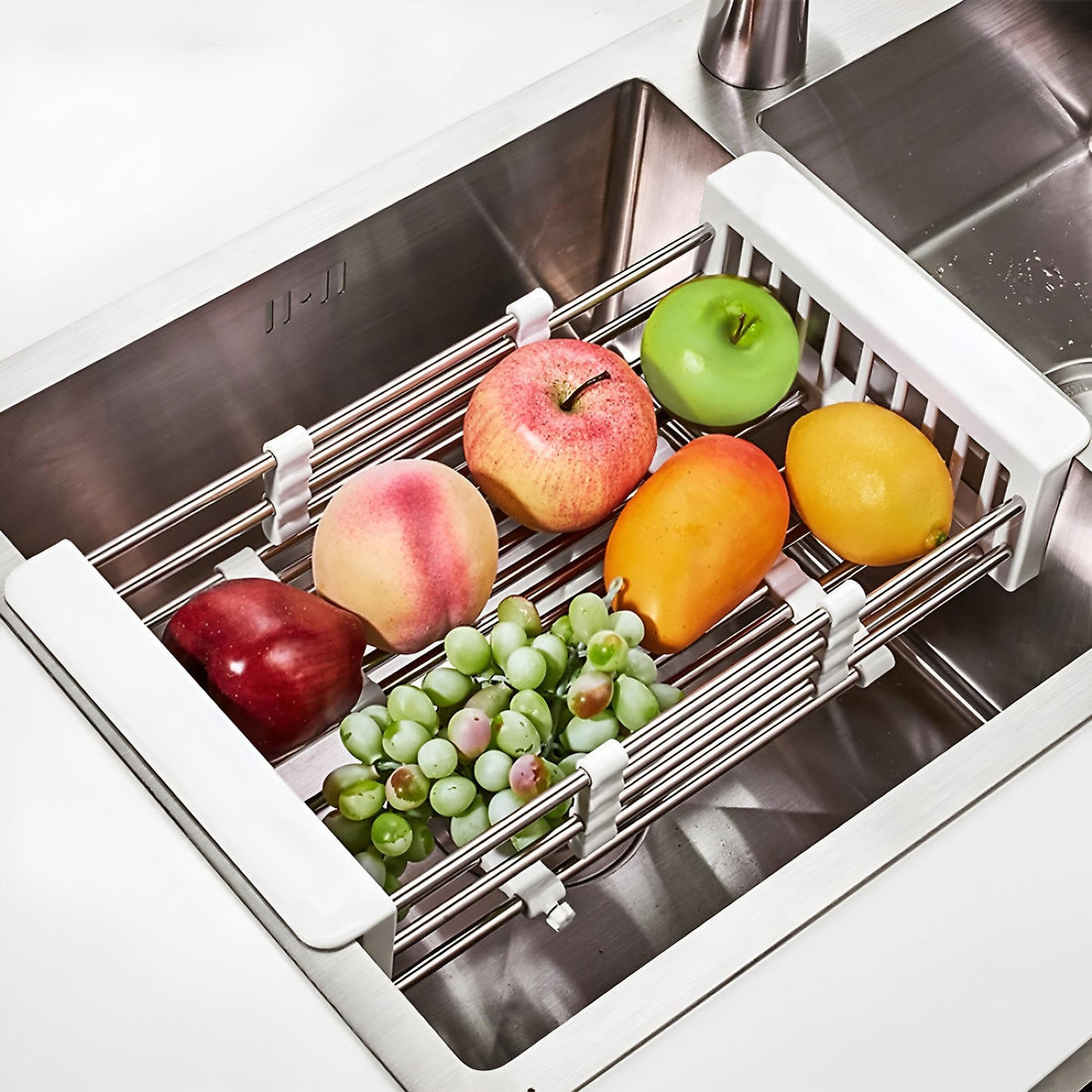Adjustable Sink Strainer - 304 Stainless Steel Dish and Fruit Draining Rack, Movable, Rust-Free, Multi-Purpose for Sink or Countertop Usage, Expandable Design