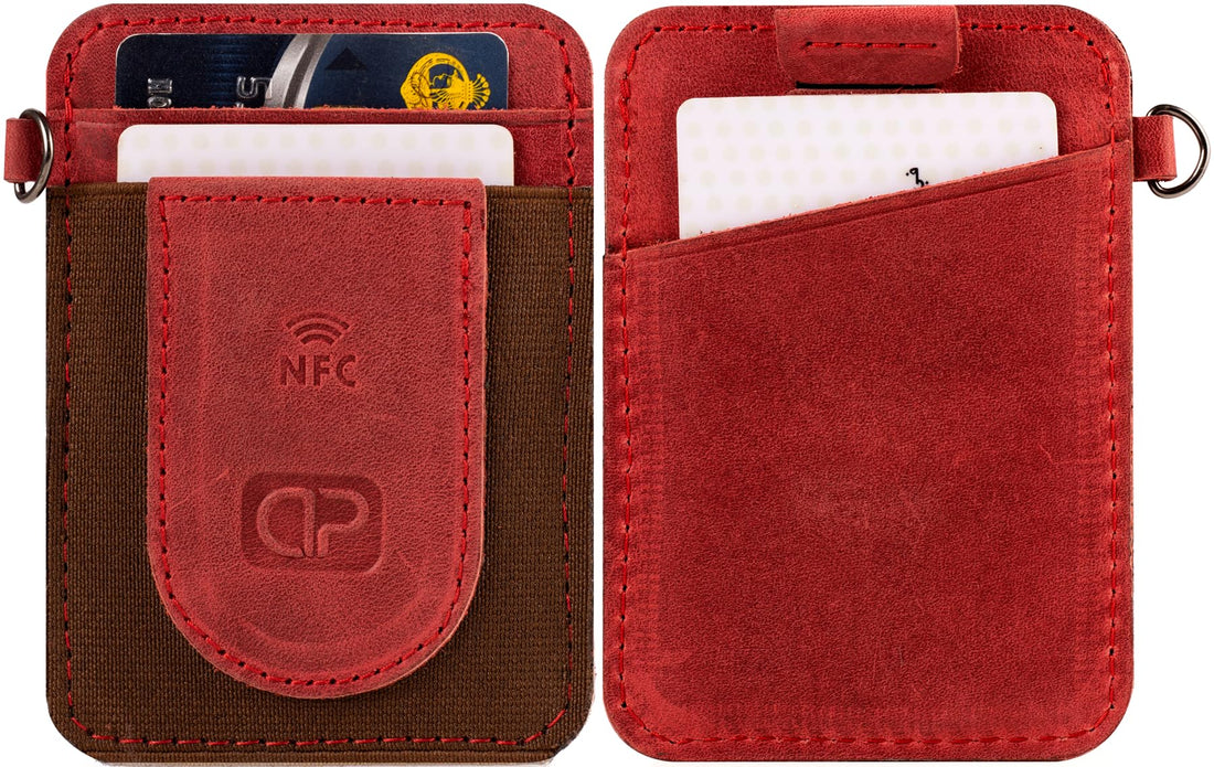 Di Pelle™ Slim Minimalist Leather Card Holder – Genuine Leather Wallet with Elastic Front Pocket & Quick Pull Tab – Holds up to 12 Cards – Built-in NFC Digital Business Card (Burgundy, With NFC Chip)